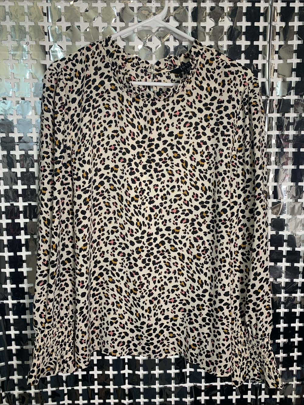 Imnyc Cream Leopard-Print Long Sleeve Blouse with Pink & Gold Accents